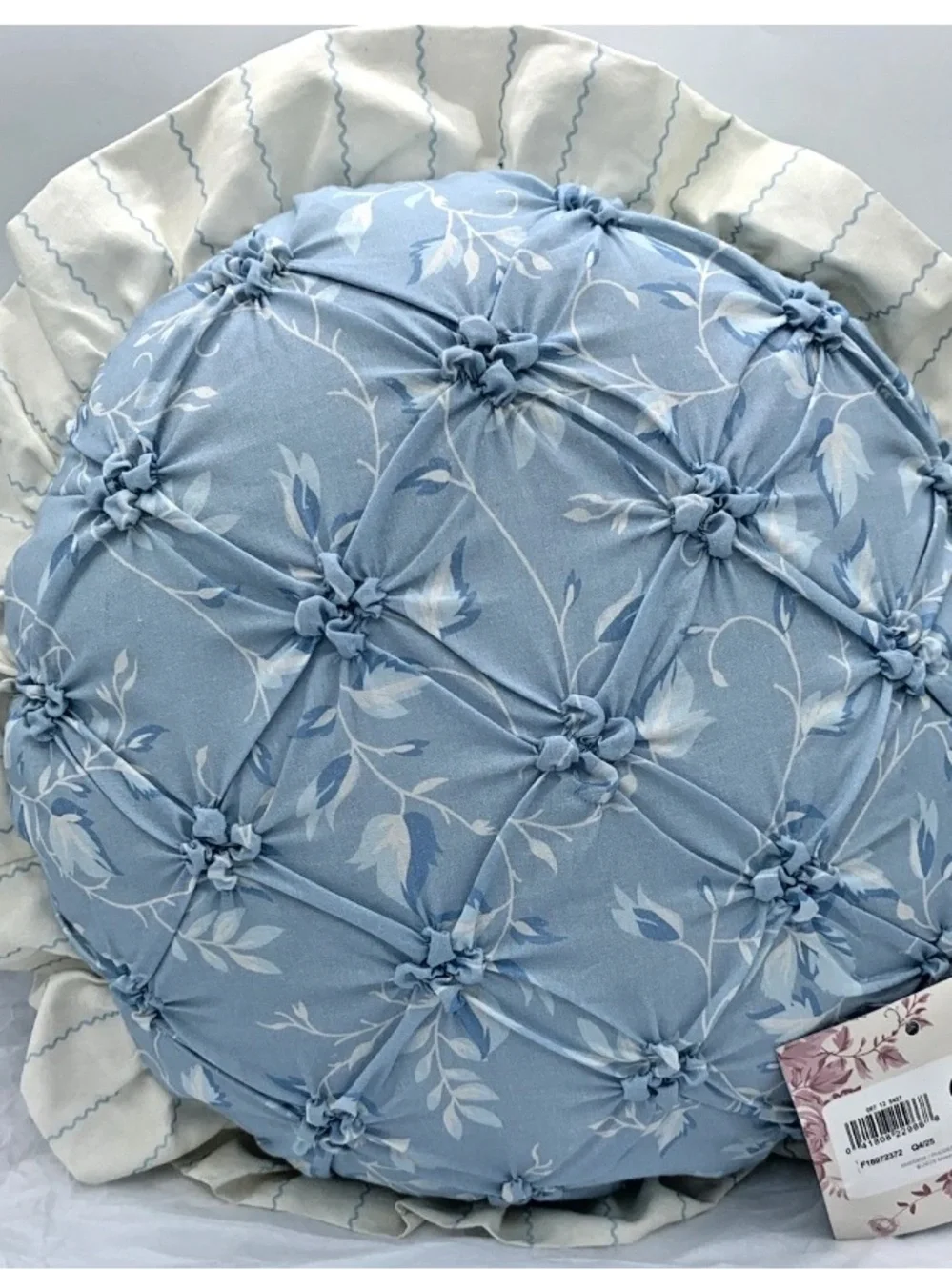 NWT Teen Home Blue Floral Tufted Ruffled Round French Country Pillow 15